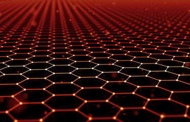 Futuristic Hexagon Pattern Abstract Background. 3d Render Illustration. Space surface. Dark sci-fi backdrop. Dots and lines connections. Science and technology concept. Big data macro wireframe.