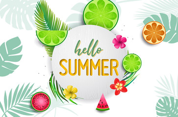 Summer design vector banner with fruits background and exotic palm leaves, hibiscus flowers and Hello Summer handlettering.