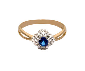 Golden ring with big sapphire and diamonds