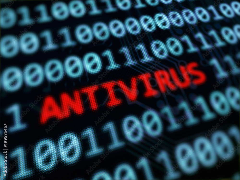 Poster antivirus red text between blue binary data background blue screen 3d rendered with depth of field