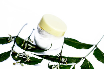 Close up of cream of Neem,Nim, Indian Iilac or Azadirachta indica with the leaves of neem tree...