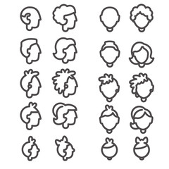 Line heads without faces of babies, girl and boy, teenagers, man and woman, grandmother and grandfather in front and side view