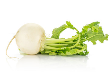 One white radish bulb with leaves isolated on white background.