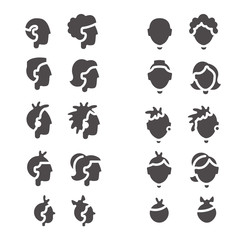 Glyph silhouettes of babies, girl and boy, teenagers, man and woman, grandmother and grandfather in front and side view