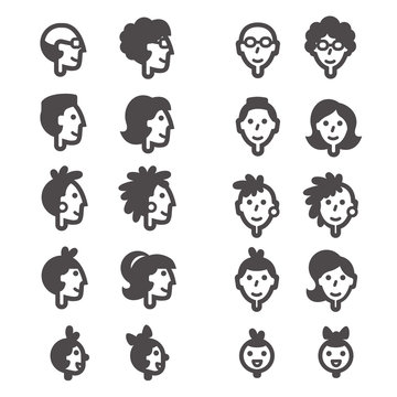 Line heads with faces of babies, girl and boy, teenagers, man and woman, grandmother and grandfather in front and side view