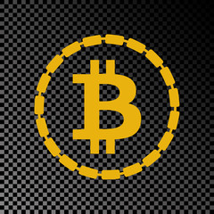 Golden bitcoin coin symbol with gold chain around. Crypto currency golden coin bitcoin icon isolated on black transparent background. Flat vector illustration.