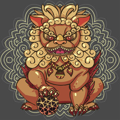 Realistic detailed hand drawn illustration of stylized chinese foo dog guardian statue. Protection symbol. Colorful graphic tattoo style image. T-shirt print.