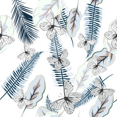 Beautiful vector pattern with palm leafs and butterflies