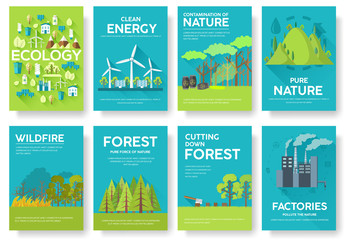 Ecology information cards set. Ecological template of flyear, magazines, posters, book cover, banners. Eco infographic concept  background. Layout illustrations modern pages with typography
