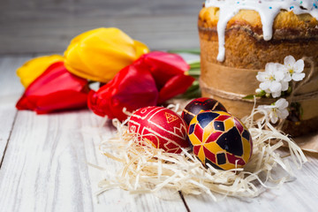 16 of April 2017 - Vinnitsa, Ukraine. Congratulatory easter background with cake and eggs ready for celebrations