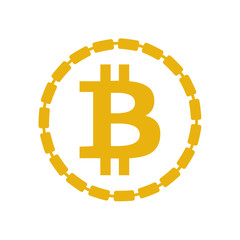 Golden bitcoin coin with chain symbol. Crypto currency golden coin bitcoin icon isolated on white background. Flat vector illustration.