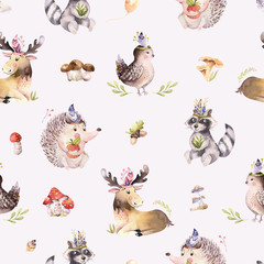 Watercolor seamless pattern of cute baby cartoon hedgehog, squirrel and moose animal for nursary, woodland forest illustration for children. Forest backgraund