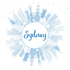 Outline Sydney Australia City Skyline with Blue Buildings and Copy Space.