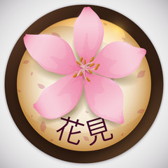 Wooden Round Button with Beautiful Cherry Flower for Hanami Celebration, Vector Illustration