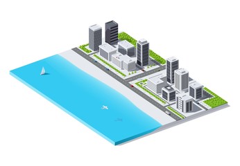 City by the ocean. Isometric low poly vector illustration.