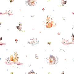 Watercolor seamless pattern of cute baby cartoon hedgehog, squirrel and moose animal for nursary, woodland forest illustration for children. Forest backgraund