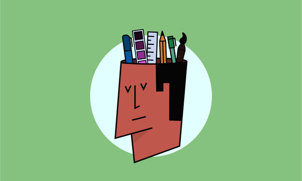 We are Hiring Designers/Creative People/Interns/Young Designers. Vector illustration of a designer and his creative tools—pencil, brush, marker, ruler, colour palette