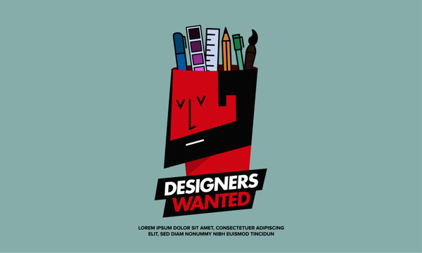 We are Hiring Designers/Creative People/Interns/Young Designers. Vector illustration of a designer and his creative tools—pencil, brush, marker, ruler, colour palette