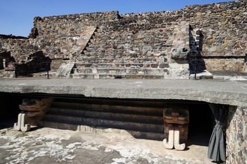 Restored staircase detail of one of the smaller pyramids in Teotihuacan archeological complex....