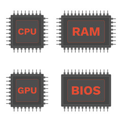 Mainboard components: CPU, GPU, RAM and BIOS microchip. Vector icon.