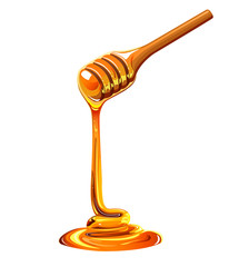 Dripping honey on wooden spoon 