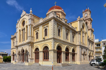 Fototapeta na wymiar Heraklion, Crete Island / Greece: The Agios Minas Cathedral is a Greek Orthodox Cathedral in Heraklion, serving as the seat of the Archbishop of Crete. Sunny day, blue sky