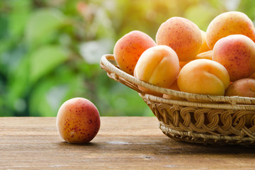 Part of wicker basket apricot on a green background. Daylight