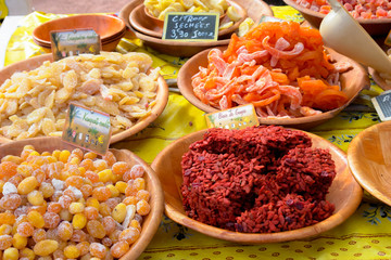 bazaar in Provence, offering processed fruit, pine nuts, exotic mixtures, nuts