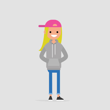 blonde girl pink cap gray hoodie clip art preview
