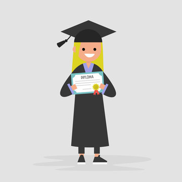 Young female graduate wearing a black robe and holding a diploma certificate. Graduation. Flat editable vector illustration, clip art