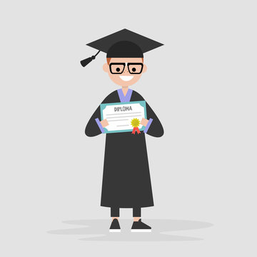 Young graduate wearing a black robe and holding a diploma certificate. Graduation. Flat editable vector illustration, clip art
