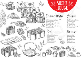 Menu with ink hand drawn sushi illustration.