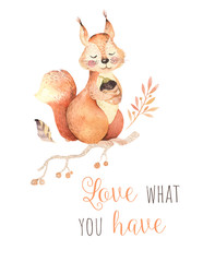 Cute watercolor bohemian baby squirrel animal poster for nursary, alphabet woodland isolated forest illustration for children. Baby shower animals invitation