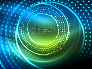 Magic neon circle shape abstract background, shiny light effect template for web banner, business or technology presentation background or elements, vector illustration