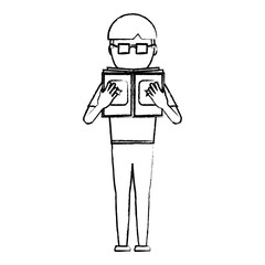 sketch of avatar man standing and reading a book over white background, vector illustration