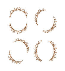 Vector set of hand drawn simple frames made with coffee beans isolated on white background. Ink drawing, stamp  seeds, painting. Perfect for labels, emblems, coffee packaging design.