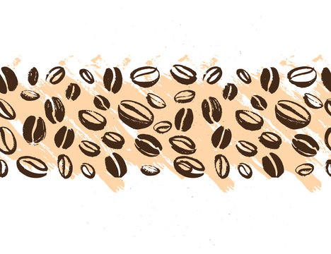 Vector seamless coffee backdrop design with hand drawn coffee beans isolated on white background. Ink drawing, coffee seeds. Packaging design, wallpaper, banner etc.