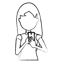 sketch of avatar woman using a cellphone over white background, vector illustration