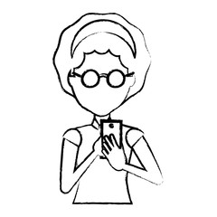 sketch of avatar woman with glasses and using a cellphone over white background, vector illustration