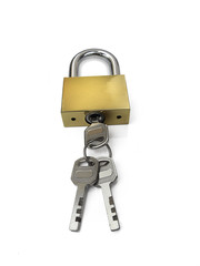 Closed steel padlock with key isolated on white background