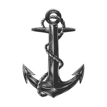 Vector engraved style illustration for posters, decoration and print. Hand drawn sketch of ship anchor with rope in monochrome isolated on white background. Detailed vintage woodcut style drawing.