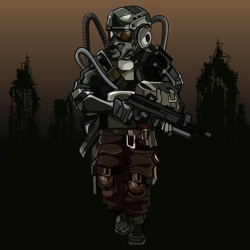 cartoon soldier of the apocalypse in a protective suit with a gun