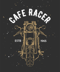 Obraz premium Wektor karty z ręcznie rysowane unikalny element projektu typografii dla karty z pozdrowieniami, dekoracji, wydruków i plakatów. Cafe racer ze szkicem motorcyrcle. Napis odręczny.