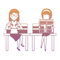 woman reading a newspaper and other woman using the cellphone on a bench over white background, colorful design. vector illustration