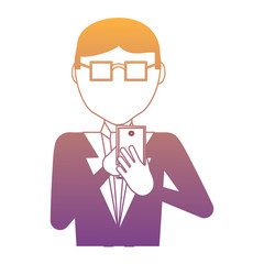 avatar businessman with glasses and using a cellphone over white background, colorful design. vector illustration