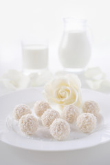 Morning sweet Breakfast. Sweet gift with white rose.