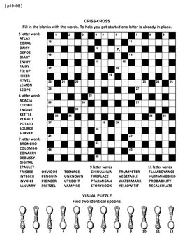 Puzzle page with two puzzles: big 19x19 criss-cross word game (English language) and small visual puzzle with spoons. Black and white, A4 or letter sized. Answers are on separate file 