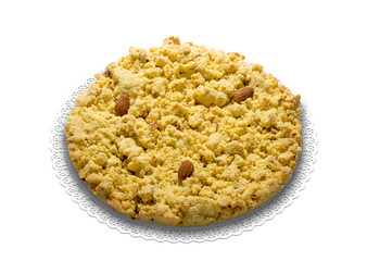 sbrisolona, typical Italian cake with sugar, eggs, flour, butter and almonds, isolated on white
