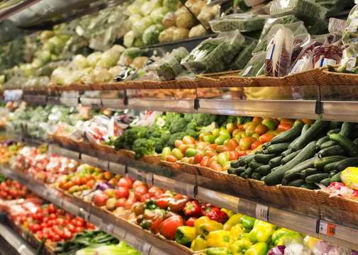 fruit and vegetables department in a supermarket, fresh products

