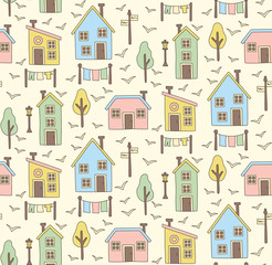 Village houses doodle colorful seamless vector pattern